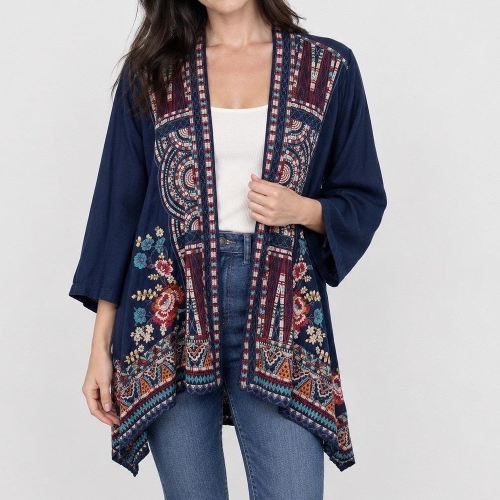 JWLA Johnny Was Cardigan Embroidered Open Front Navy Blue
